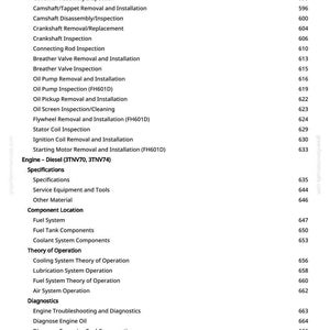 Pu&ograve; includere: Una pagina di manuale con un elenco di procedure di riparazione e manutenzione del motore, tra cui la rimozione del coperchio del basamento, l'ispezione dell'albero a camme e la rimozione della pompa dell'olio. La pagina elenca anche le specifiche e le posizioni dei componenti.