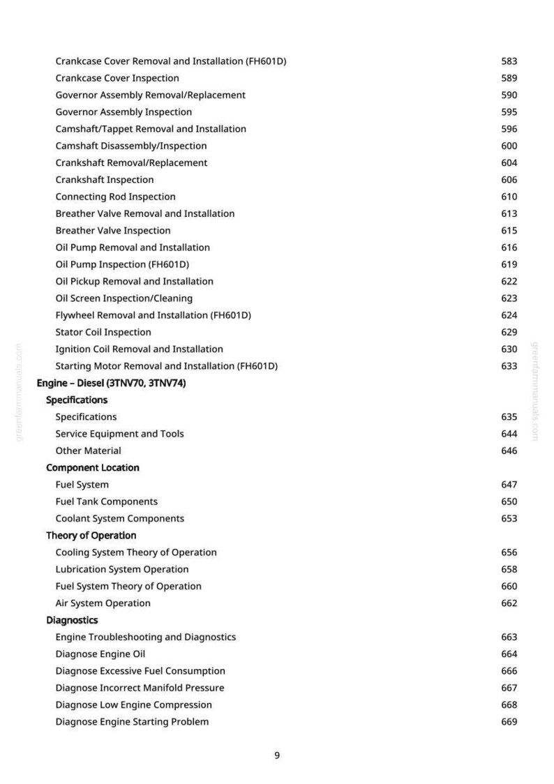 Pu&ograve; includere: Una pagina di manuale con un elenco di procedure di riparazione e manutenzione del motore, tra cui la rimozione del coperchio del basamento, l'ispezione dell'albero a camme e la rimozione della pompa dell'olio. La pagina elenca anche le specifiche e le posizioni dei componenti.