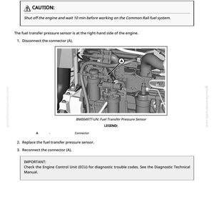 May include: Diagram of a fuel transfer pressure sensor replacement procedure for M4030 and M4040 sprayers. Includes a caution notice, step-by-step instructions, and a diagram of the engine components. The text includes the connector labeled "A".