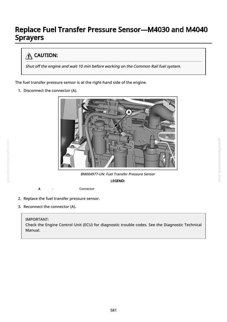 May include: Diagram of a fuel transfer pressure sensor replacement procedure for M4030 and M4040 sprayers. Includes a caution notice, step-by-step instructions, and a diagram of the engine components. The text includes the connector labeled "A".