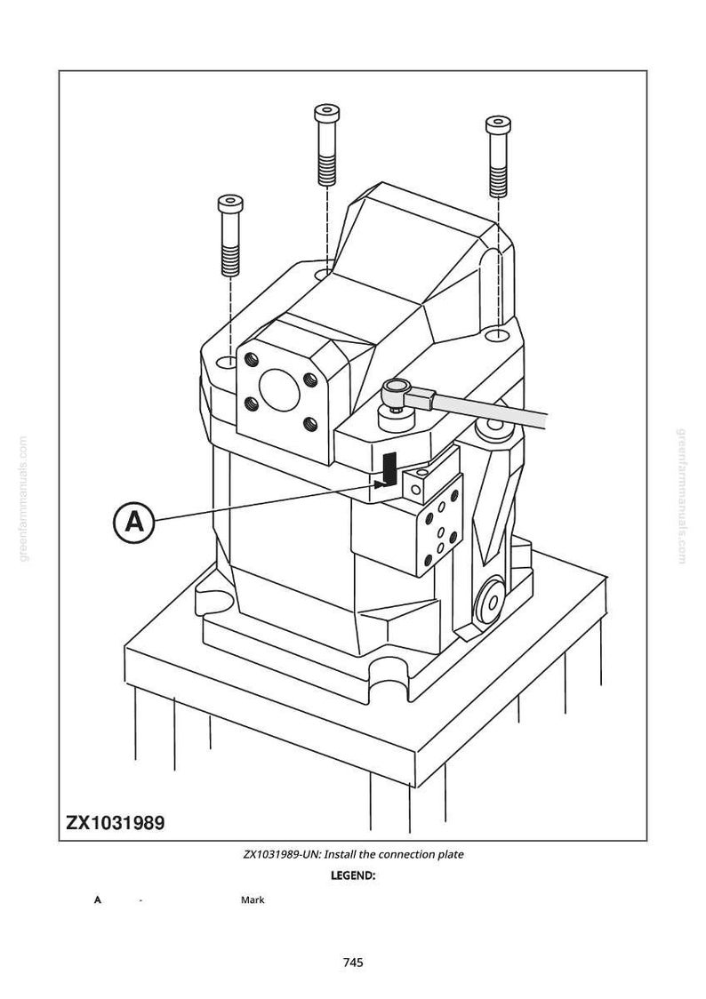 May include: Line drawing of a mechanical component with bolts and a connection plate. The image includes the text "ZX1031989" and instructions for installing the connection plate. The component is on a rectangular base.