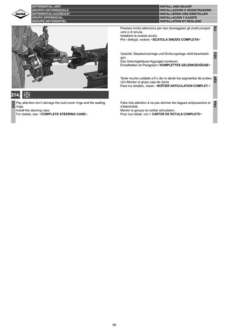 May include: An instructional diagram for automotive repair, featuring a differential unit and steering case. The image includes text in English, Italian, German, Spanish, and French, with instructions for installation and adjustment.