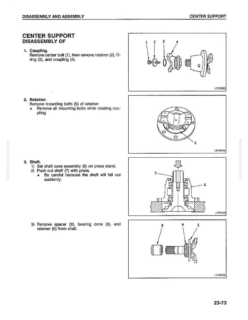 May include: Diagram of center support disassembly, showing coupling, retainer, and shaft components. Includes numbered parts and instructions for removal and assembly. Text includes "DISASSEMBLY AND ASSEMBLY" and "CENTER SUPPORT".