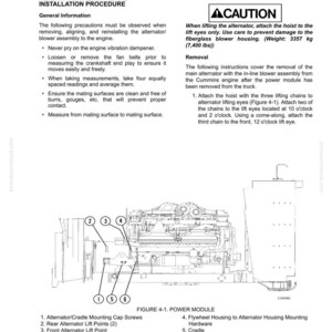 May include: Diagram of an alternator removal and installation procedure. The image includes a detailed illustration of an engine's power module, with numbered components and a caution notice about lifting the alternator. Text includes general information and removal instructions.