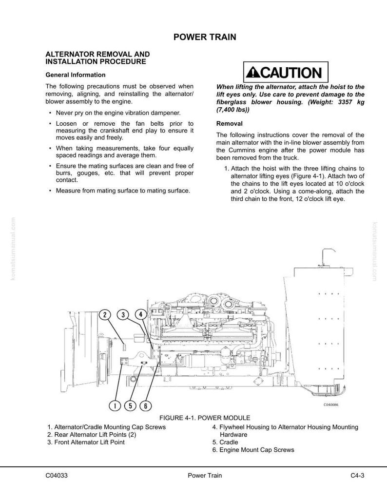 May include: Diagram of an alternator removal and installation procedure. The image includes a detailed illustration of an engine's power module, with numbered components and a caution notice about lifting the alternator. Text includes general information and removal instructions.