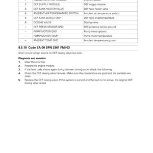 May include: A page from a manual with a schematic legend and a diagnosis section. The legend lists terms like "Engine Control Module" and "Dosing Valve." The diagnosis section provides troubleshooting steps for a DEF dosing valve.