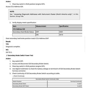 May include: A diagnostic document titled "Secondary Hand Brake Switch Diagnostics" with instructions for operational checks and power tests. The document includes tables, steps, and specifications for automotive repair.