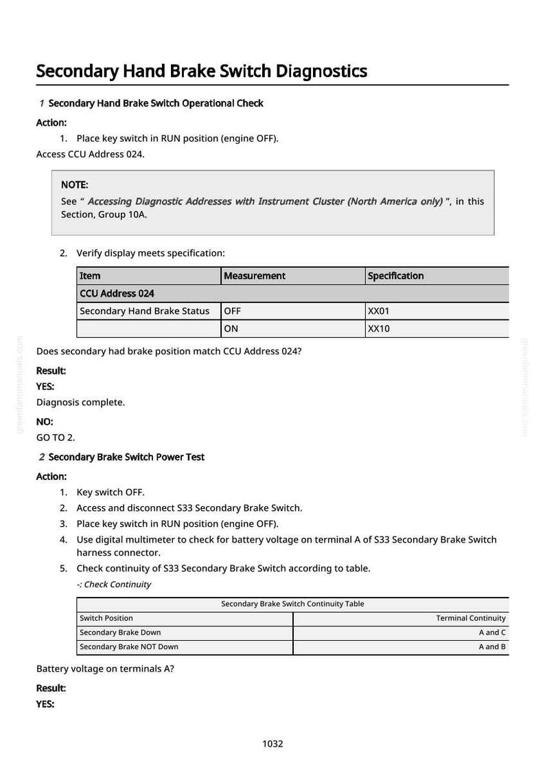 May include: A diagnostic document titled "Secondary Hand Brake Switch Diagnostics" with instructions for operational checks and power tests. The document includes tables, steps, and specifications for automotive repair.
