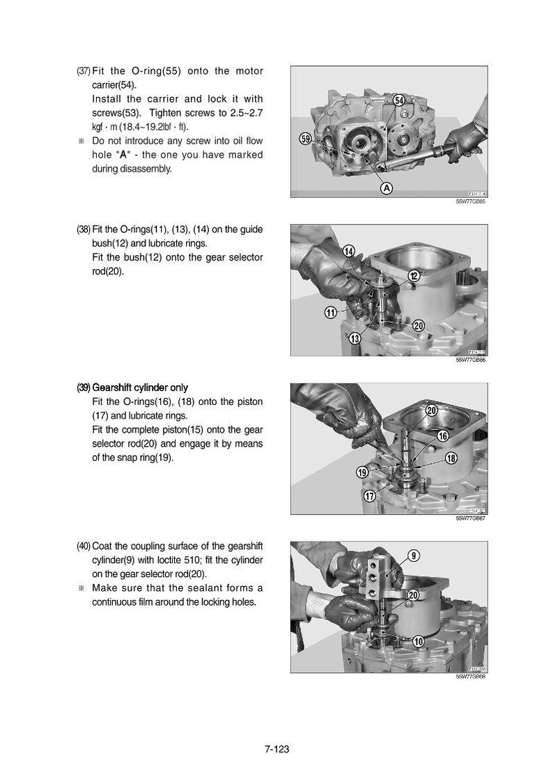 Może przedstawiać: Schemat techniczny przedstawia montaż element&oacute;w mechanicznych. Obraz zawiera zbliżenia części montowanych w rękawicach, wraz z towarzyszącymi instrukcjami tekstowymi i schematami. Elementy obejmują uszczelki typu O-ring, tłoki i cylindry zmiany bieg&oacute;w.