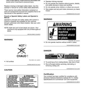 Puede incluir: Una p&aacute;gina de etiquetas de seguridad con texto, que incluye advertencias e instrucciones. Las etiquetas presentan s&iacute;mbolos y texto en ingl&eacute;s, franc&eacute;s y espa&ntilde;ol, que cubren temas como superficies calientes y evitar lesiones.