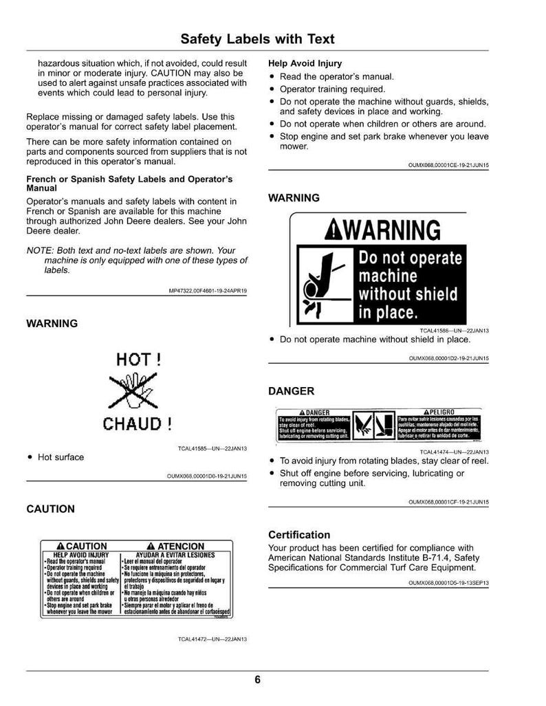 Puede incluir: Una p&aacute;gina de etiquetas de seguridad con texto, que incluye advertencias e instrucciones. Las etiquetas presentan s&iacute;mbolos y texto en ingl&eacute;s, franc&eacute;s y espa&ntilde;ol, que cubren temas como superficies calientes y evitar lesiones.
