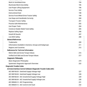 May include: A white document page with a table of contents, including safety guidelines and diagnostic trouble codes. The text includes topics like "Avoid Backover Accidents" and "AIC 000158.03 - Switched Supply Voltage High."