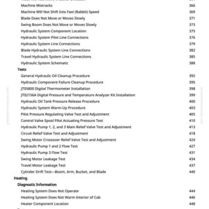 May include: A white page with a list of technical procedures and tests, likely from a manual. The text includes terms like "Hydraulic System," "Tests," and "Heating System." Page numbers are visible on the right side.