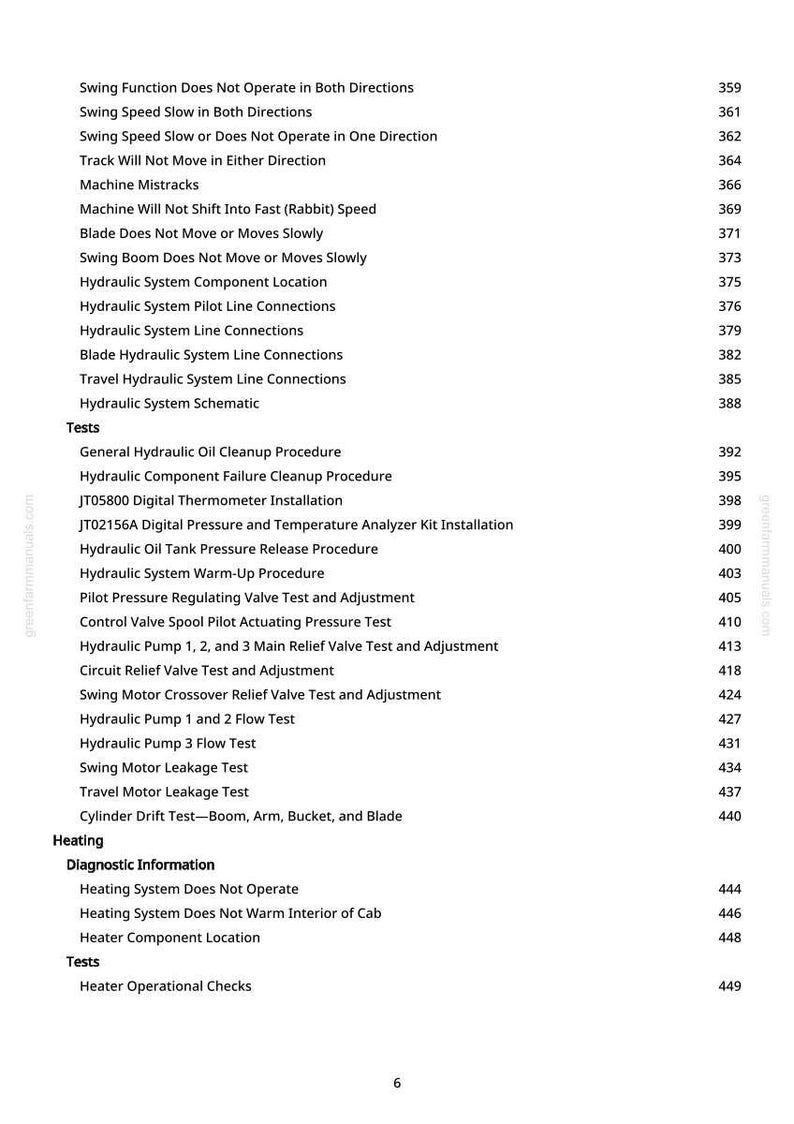 May include: A white page with a list of technical procedures and tests, likely from a manual. The text includes terms like "Hydraulic System," "Tests," and "Heating System." Page numbers are visible on the right side.