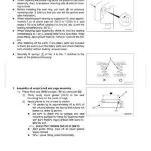 May include: Technical diagram with assembly instructions for machinery components. Includes diagrams of parts, such as oil seals, springs, and bearings, with measurements and specifications. Text includes instructions for applying grease and oil.