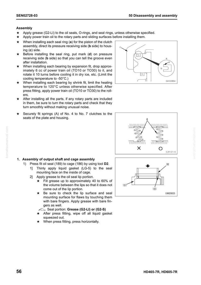 May include: Technical diagram with assembly instructions for machinery components. Includes diagrams of parts, such as oil seals, springs, and bearings, with measurements and specifications. Text includes instructions for applying grease and oil.