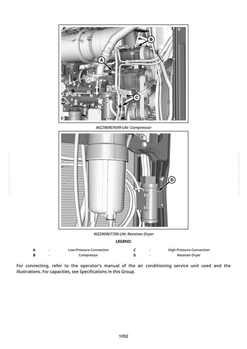 May include: Diagram of an air conditioning service unit, featuring a compressor and receiver-dryer. The image includes labels for low and high-pressure connections, with detailed views of the components. Text at the bottom provides additional information.