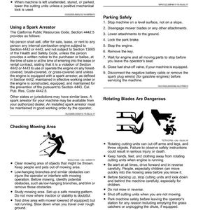 May include: Safety guidelines for machinery operation, covering parking, spark arrestor use, and mowing area checks. Features diagrams and text detailing the dangers of rotating blades and other potential hazards.
