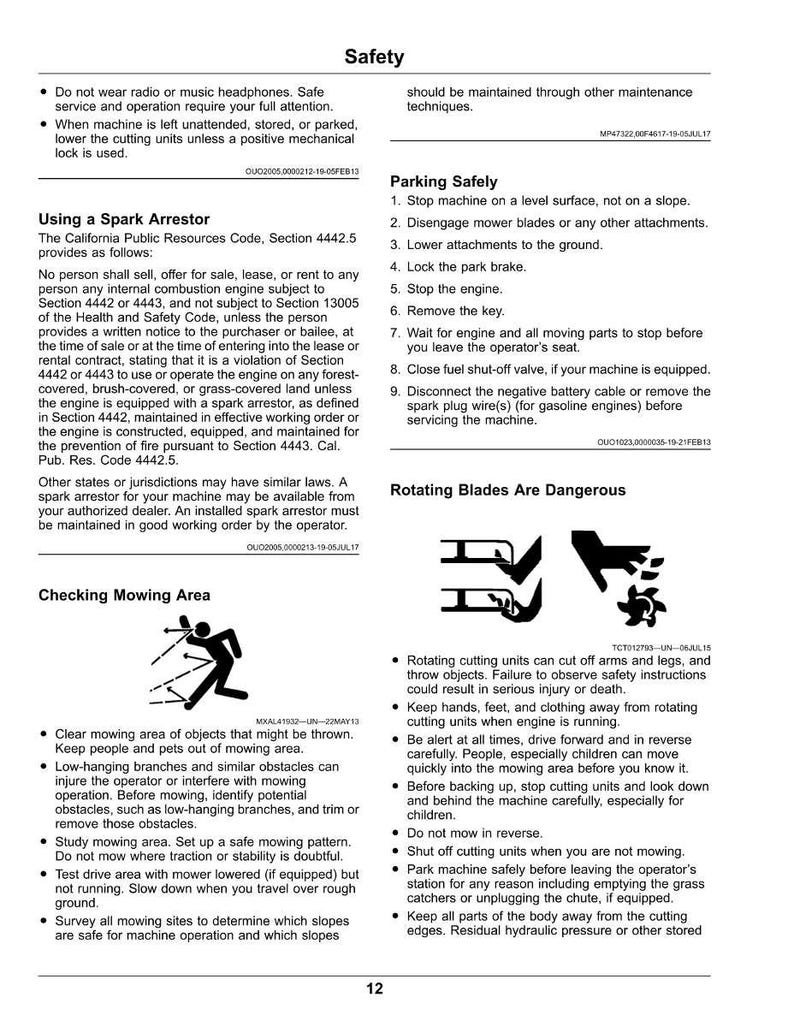 May include: Safety guidelines for machinery operation, covering parking, spark arrestor use, and mowing area checks. Features diagrams and text detailing the dangers of rotating blades and other potential hazards.