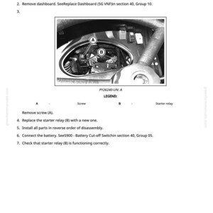 Op de afbeelding: Diagram uit een reparatiehandleiding met de procedure voor het vervangen van een startrelais. De afbeelding toont een close-up van het dashboard met gelabelde onderdelen, waaronder een schroef en het startrelais. Instructies zijn voorzien.