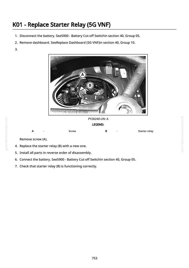 Op de afbeelding: Diagram uit een reparatiehandleiding met de procedure voor het vervangen van een startrelais. De afbeelding toont een close-up van het dashboard met gelabelde onderdelen, waaronder een schroef en het startrelais. Instructies zijn voorzien.