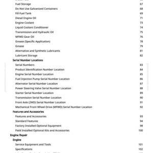 Puede incluir: Una p&aacute;gina de manual con un &iacute;ndice detallado. Las secciones cubren combustible, lubricantes, ubicaciones de n&uacute;meros de serie, caracter&iacute;sticas, accesorios y reparaci&oacute;n del motor. Los n&uacute;meros de p&aacute;gina se muestran a la derecha.