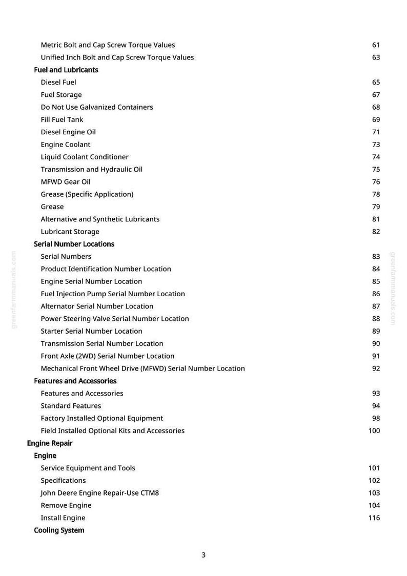 Puede incluir: Una p&aacute;gina de manual con un &iacute;ndice detallado. Las secciones cubren combustible, lubricantes, ubicaciones de n&uacute;meros de serie, caracter&iacute;sticas, accesorios y reparaci&oacute;n del motor. Los n&uacute;meros de p&aacute;gina se muestran a la derecha.