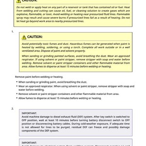 May include: Safety instructions for welding on a machine. The image contains warnings about potential hazards, including fumes, flammable materials, and electrical damage. It advises on precautions like ventilation and disconnecting battery cables.