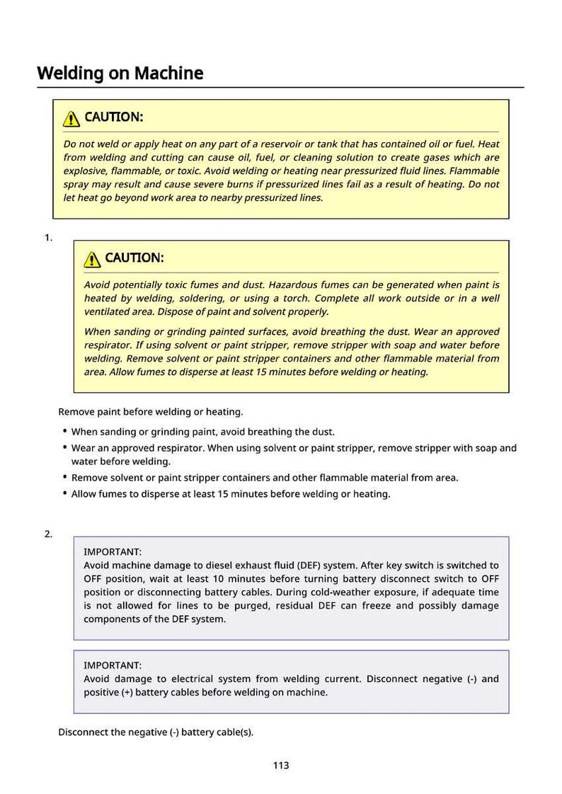 May include: Safety instructions for welding on a machine. The image contains warnings about potential hazards, including fumes, flammable materials, and electrical damage. It advises on precautions like ventilation and disconnecting battery cables.