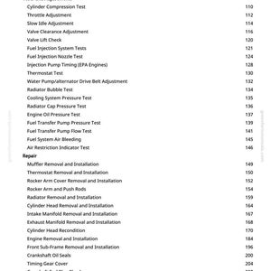 K&ouml;nnte beinhalten: Eine Seite aus einem greenfarmmanuals.com-Handbuch mit Verfahren zur Motorreparatur und -diagnose. Der Text umfasst Themen wie "Zylinderkompressionstest", "Thermostat-Test" und "Auspufftopf Aus- und Einbau". Seitenzahlen sind rechts aufgef&uuml;hrt.