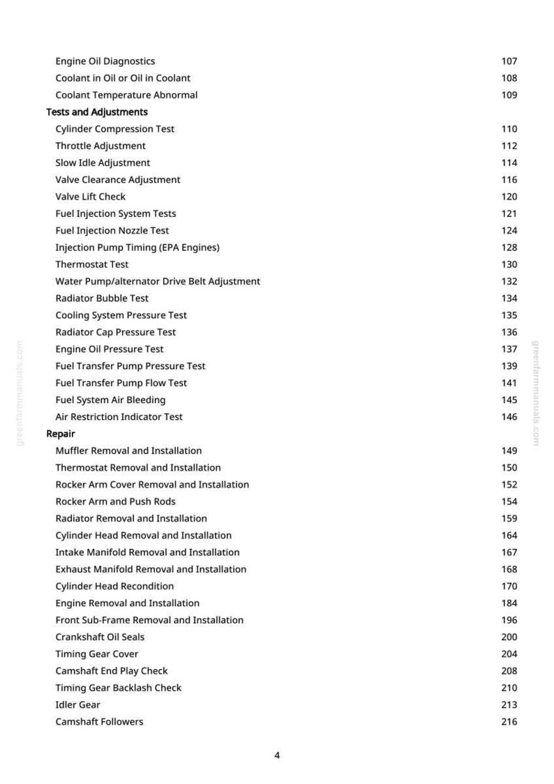 K&ouml;nnte beinhalten: Eine Seite aus einem greenfarmmanuals.com-Handbuch mit Verfahren zur Motorreparatur und -diagnose. Der Text umfasst Themen wie "Zylinderkompressionstest", "Thermostat-Test" und "Auspufftopf Aus- und Einbau". Seitenzahlen sind rechts aufgef&uuml;hrt.