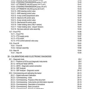 May include: A detailed table of contents from a technical manual, listing various hydraulic circuits, valves, and diagnostic procedures. The text is in black font on a white background, with page numbers on the right.