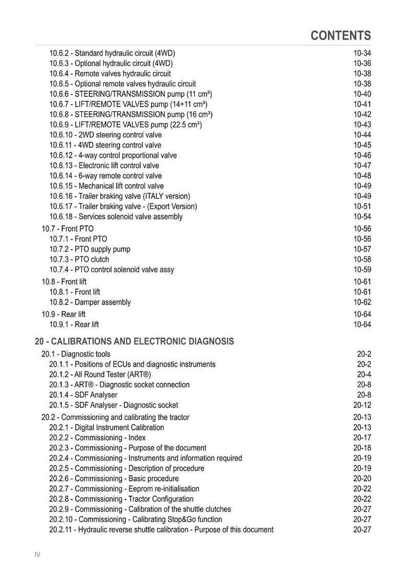 May include: A detailed table of contents from a technical manual, listing various hydraulic circuits, valves, and diagnostic procedures. The text is in black font on a white background, with page numbers on the right.