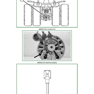 May include: Technical diagrams of machinery components. The image includes a line drawing of a tractor, a detailed view of a machine part with an arrow, and an end view of a tool. Text includes "A86963-UN: Location Art", "A86926-UN: Machine Graphic", and "H54479-UN: End View".