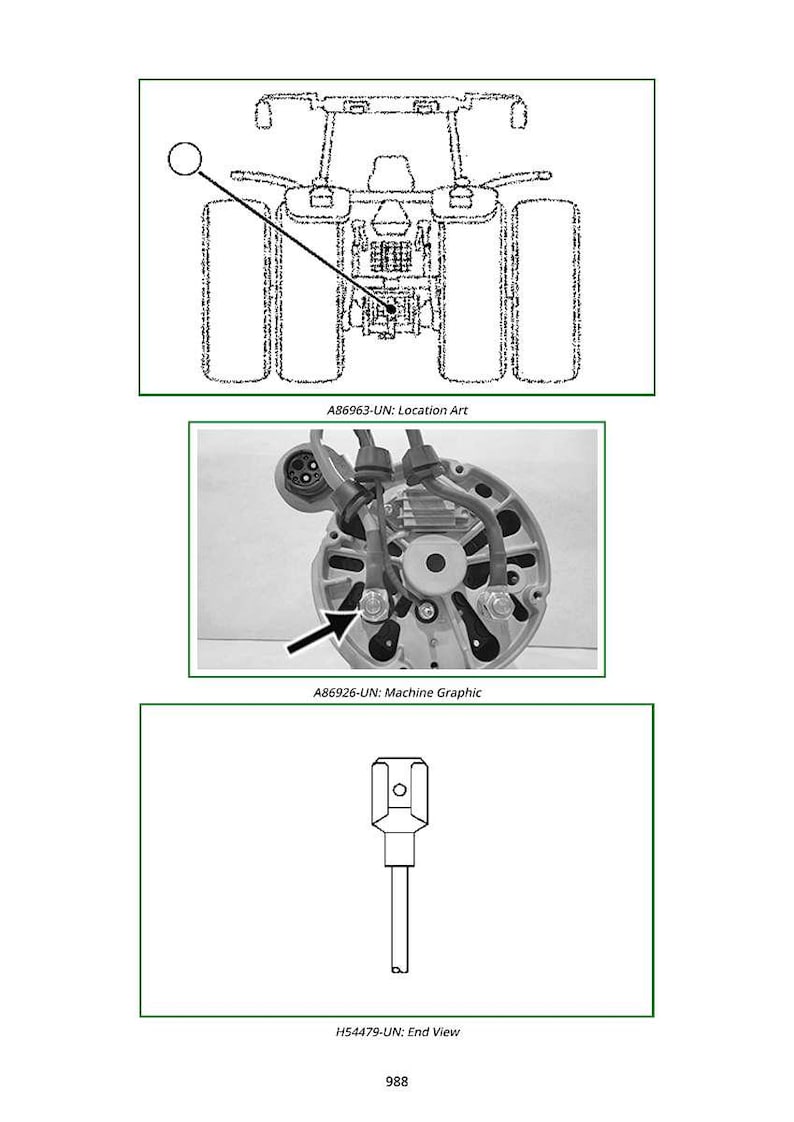 May include: Technical diagrams of machinery components. The image includes a line drawing of a tractor, a detailed view of a machine part with an arrow, and an end view of a tool. Text includes "A86963-UN: Location Art", "A86926-UN: Machine Graphic", and "H54479-UN: End View".
