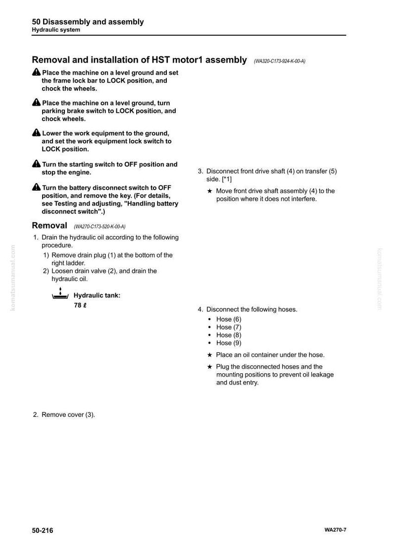 Puede incluir: Una p&aacute;gina de un manual que detalla el desmontaje y montaje de un sistema hidr&aacute;ulico. El texto incluye instrucciones para retirar e instalar el conjunto motor1 HST, con diagramas y pasos para drenar el aceite hidr&aacute;ulico y desconectar las mangueras. El dep&oacute;sito hidr&aacute;ulico tiene una capacidad de 78 litros.