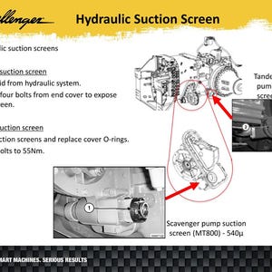 May include: Technical diagram illustrating a hydraulic suction screen system. The image features detailed component illustrations, text instructions, and labels. The Challenger logo is present. Measurements are in metric units.