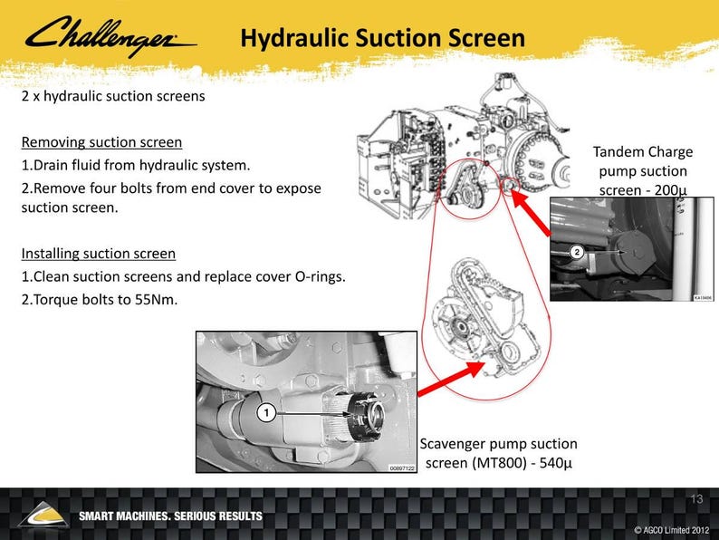 May include: Technical diagram illustrating a hydraulic suction screen system. The image features detailed component illustrations, text instructions, and labels. The Challenger logo is present. Measurements are in metric units.