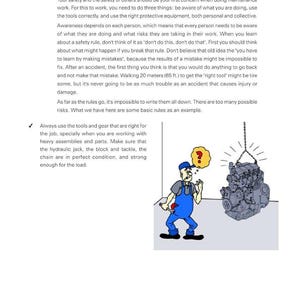 May include: Workshop manual page for MF 500 Series Tractors. The page is titled "2 - Safety" and includes text about safety precautions. An illustration shows a mechanic with a wrench and a question mark above his head, near an engine.