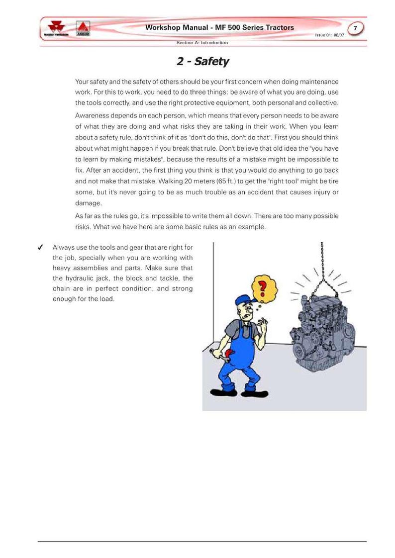 May include: Workshop manual page for MF 500 Series Tractors. The page is titled "2 - Safety" and includes text about safety precautions. An illustration shows a mechanic with a wrench and a question mark above his head, near an engine.