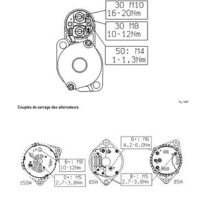 May include: Technical diagram with the text "M&Eacute;THODE D'INTERVENTION" and "Couples de serrage du d&eacute;marreur". It shows diagrams of a starter and alternators with torque specifications in Newton-meters. Measurements are in metric units.