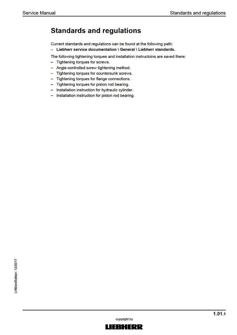 May include: A white service manual page titled "Standards and regulations." The page lists tightening torques and installation instructions for screws, countersunk screws, flange connections, and piston rod bearings. The Liebherr logo is at the bottom.