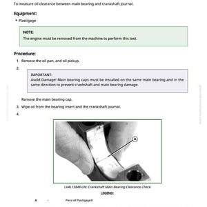 May include: Image from a manual detailing a crankshaft main bearing clearance check. The image shows a close-up of a bearing insert with a piece of Plastigage&reg; (A) placed along its length, approximately 0.25 inches off center.