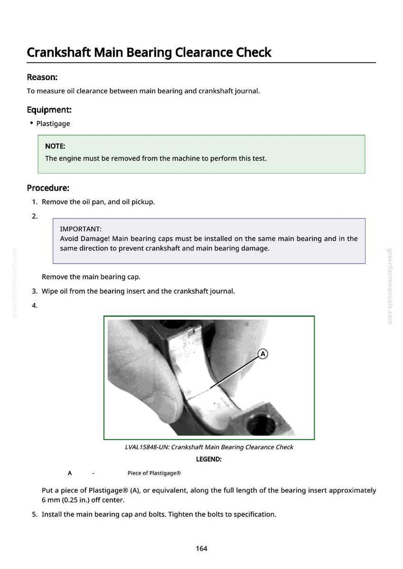 May include: Image from a manual detailing a crankshaft main bearing clearance check. The image shows a close-up of a bearing insert with a piece of Plastigage&reg; (A) placed along its length, approximately 0.25 inches off center.