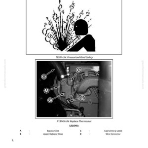 May include: Diagram illustrating the removal and installation of a thermostat. The image includes a safety warning about pressurized fluid and a diagram of the engine components. Text includes "Remove and Install Thermostat" and "P13745-UN: Replace Thermostat."