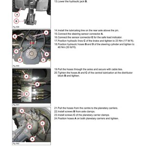 May include: Diagrams and instructions for rear axle maintenance, including steps for hydraulic jack use, hose positioning, and screw installation. The image includes detailed views of axle components with labeled parts A, B, C, D, and E.