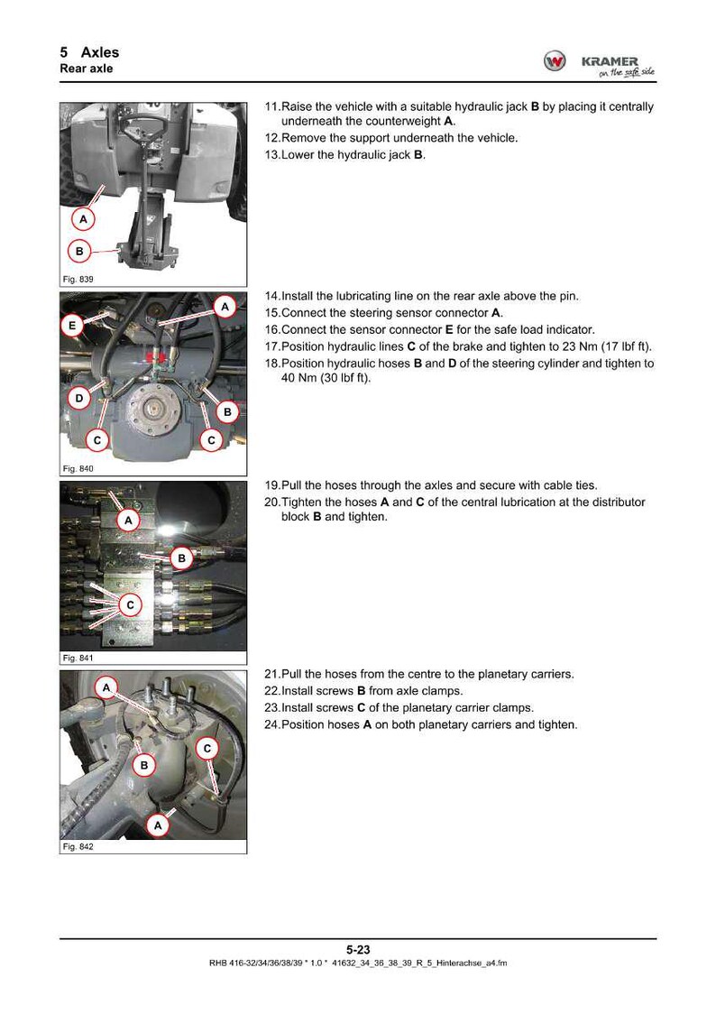 May include: Diagrams and instructions for rear axle maintenance, including steps for hydraulic jack use, hose positioning, and screw installation. The image includes detailed views of axle components with labeled parts A, B, C, D, and E.