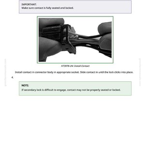 May include: Close-up image of a black electrical connector with multiple wires being installed. The image is part of an instructional manual, with text indicating installation steps and important notes for proper contact.