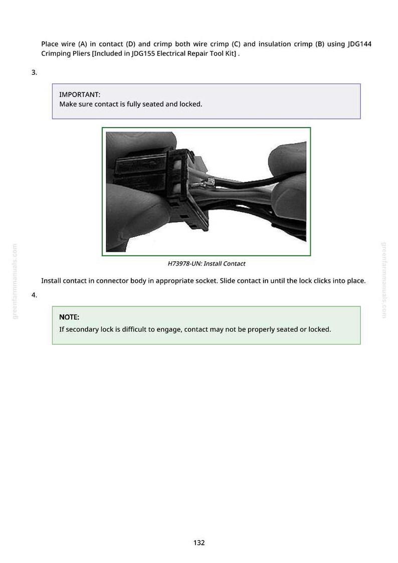 May include: Close-up image of a black electrical connector with multiple wires being installed. The image is part of an instructional manual, with text indicating installation steps and important notes for proper contact.