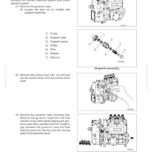 May include: Diagram of a governor disassembly procedure, with detailed illustrations of components like the angleich assembly, circlip, and stop nut. Text instructions accompany the images, guiding the user through the process.